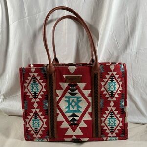 Wrangler Southwestern Pattern Dual Sided Canvas Wide Tote WG2203-8119 Burgundy